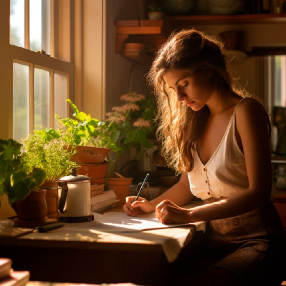 A young woman sits at a sunlit table by a window, writing on paper. She is surrounded by potted plants and kitchen items, creating a warm, cozy atmosphere. Sunlight streams through the window, illuminating her workspace.