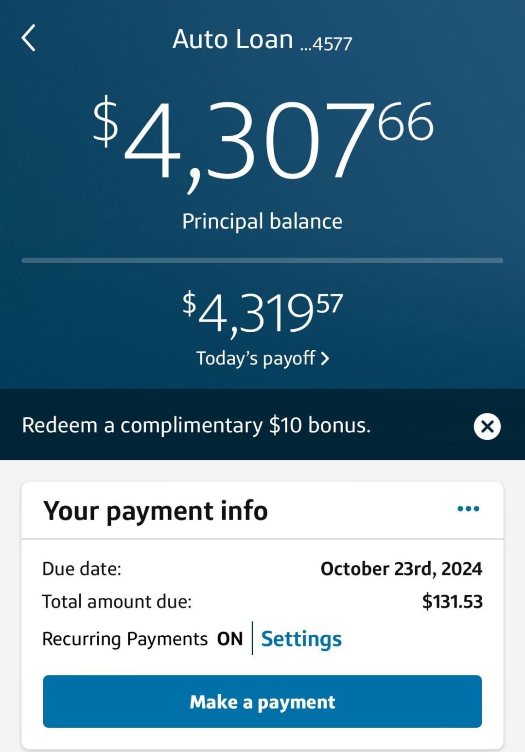 A mobile app screen displays an auto loan balance of $4,307.66, with today’s payoff at $4,319.57. The payment due is $131.53 on October 23, 2024. A loan tracker projects payoff on April 23, 2025.