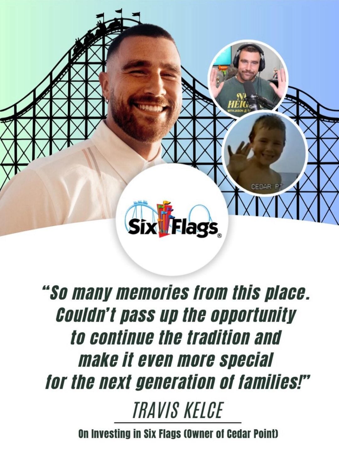 A smiling man stands in front of a roller coaster. Two small circular images show him as a child and as an adult waving. Six Flags logo and a quote about memories and family are below, attributed to Travis Kelce.