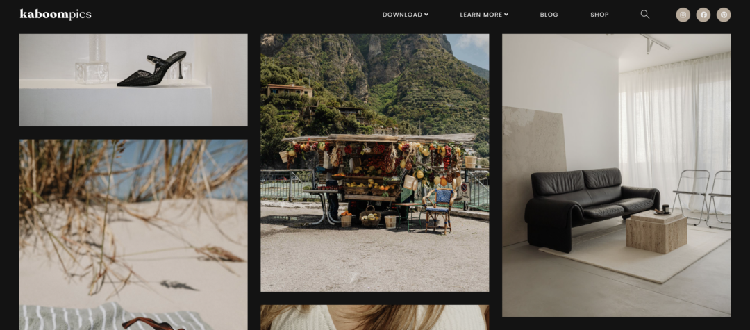 A collage of images: a black sandal, a mountain scene with a flower cart, a modern living room, sunglasses on a towel, a woman in a white bikini top, and a drink by the sea.