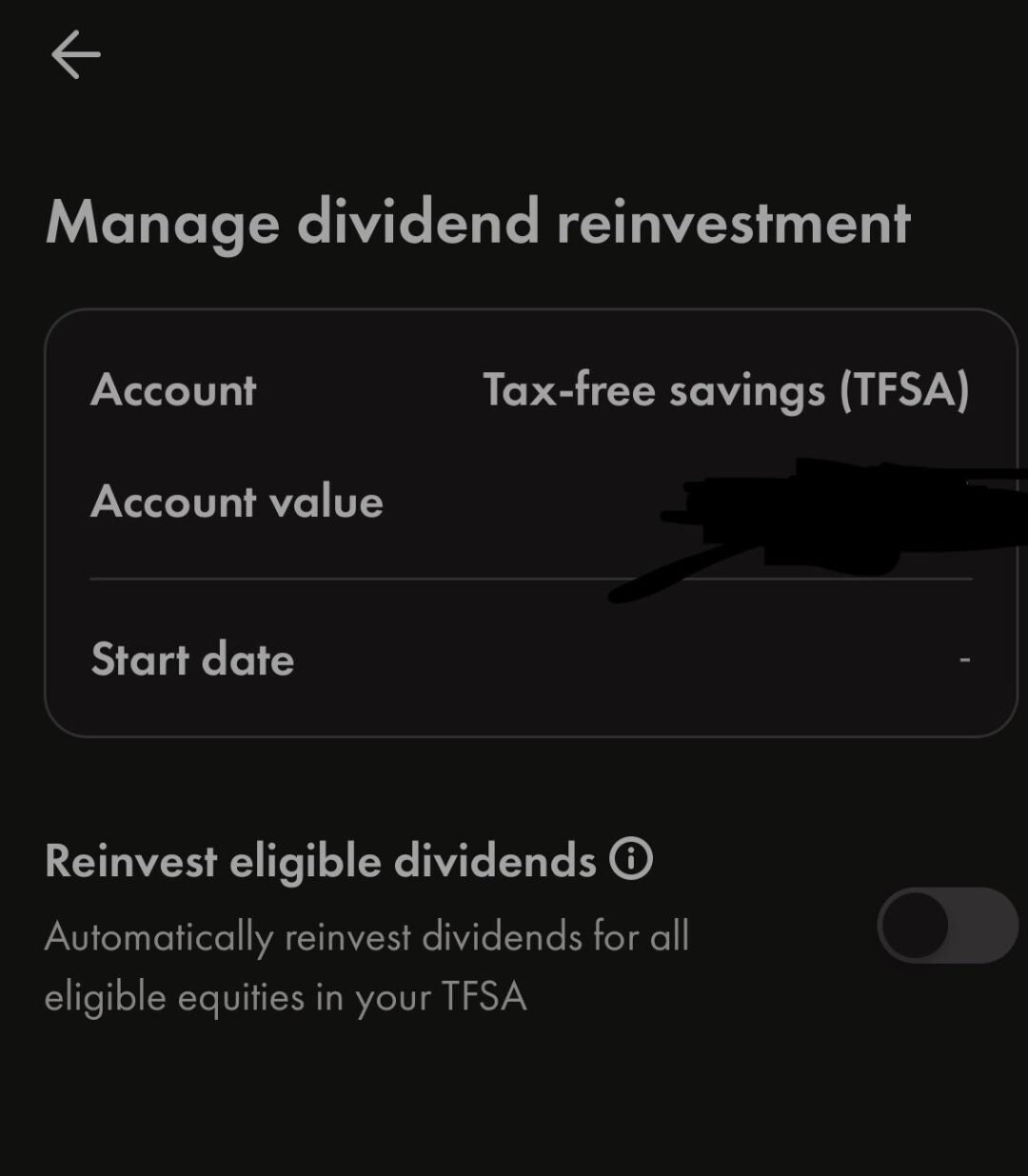 Screenshot of a financial app showing "Manage dividend reinvestment" for a tax-free savings account (TFSA), with options to reinvest eligible dividends and a note about eligible stocks and ETFs.