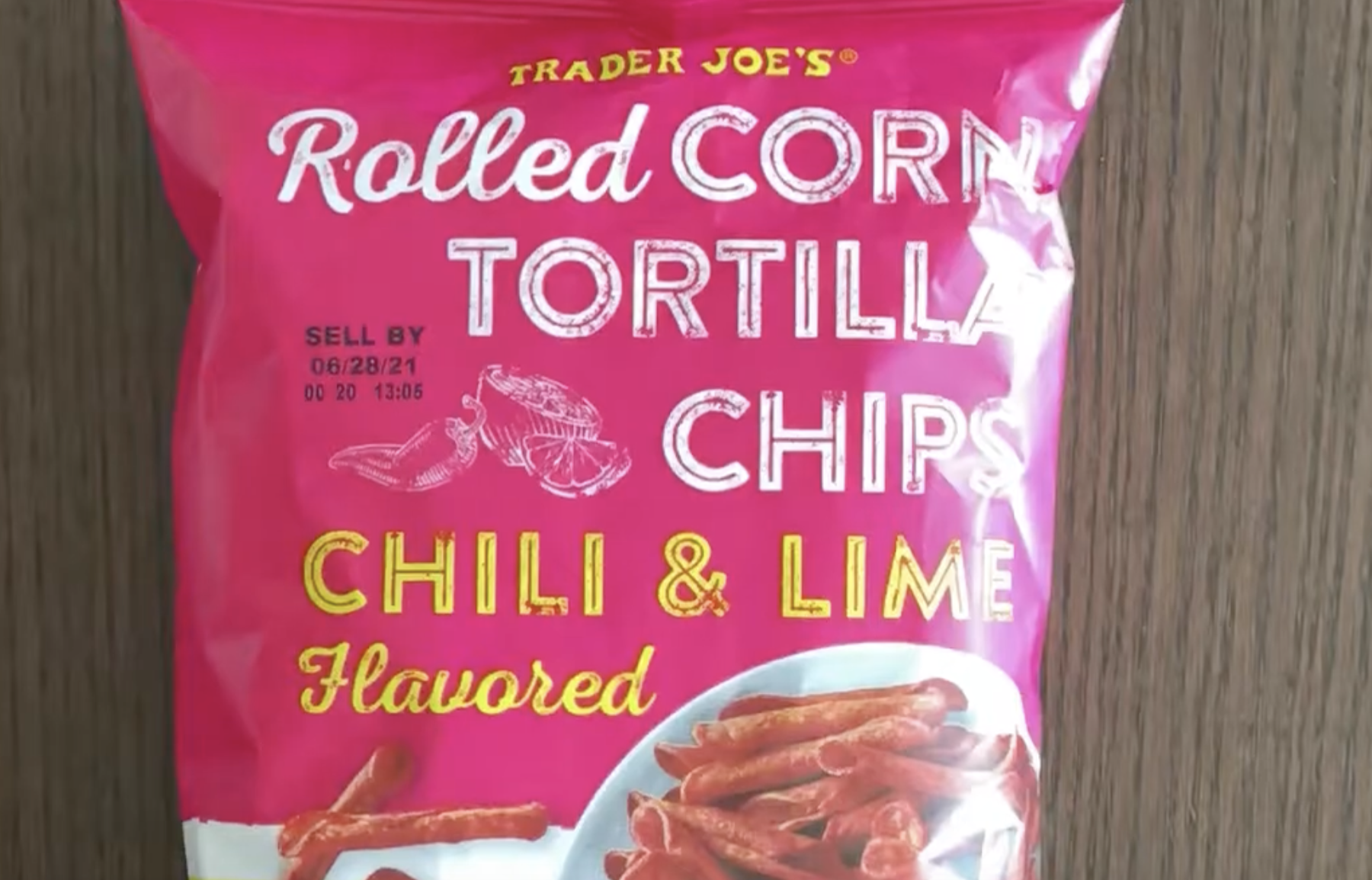 A bag of Trader Joe’s Chili & Lime Rolled Corn Tortilla Chips.