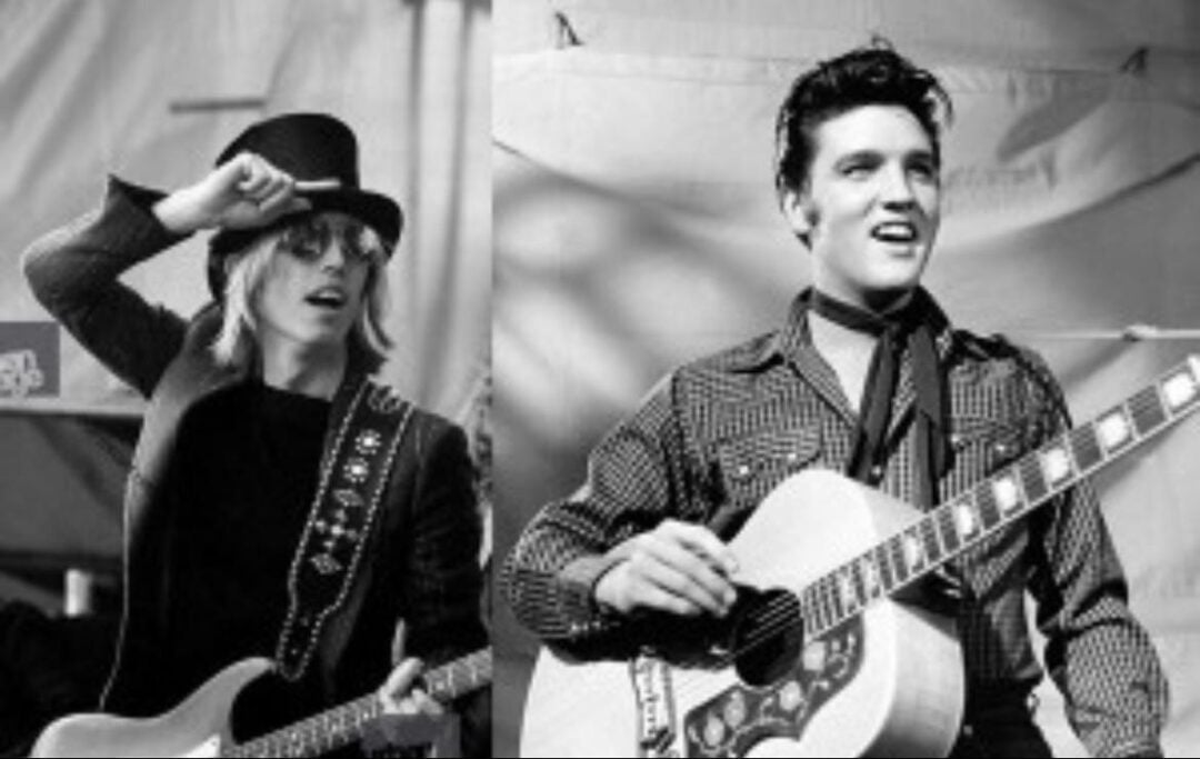 Two black-and-white photos side by side: on the left, a person in a top hat and sunglasses playing guitar; on the right, Elvis Presley with a guitar. A Tom Petty quote about Elvis is written below.