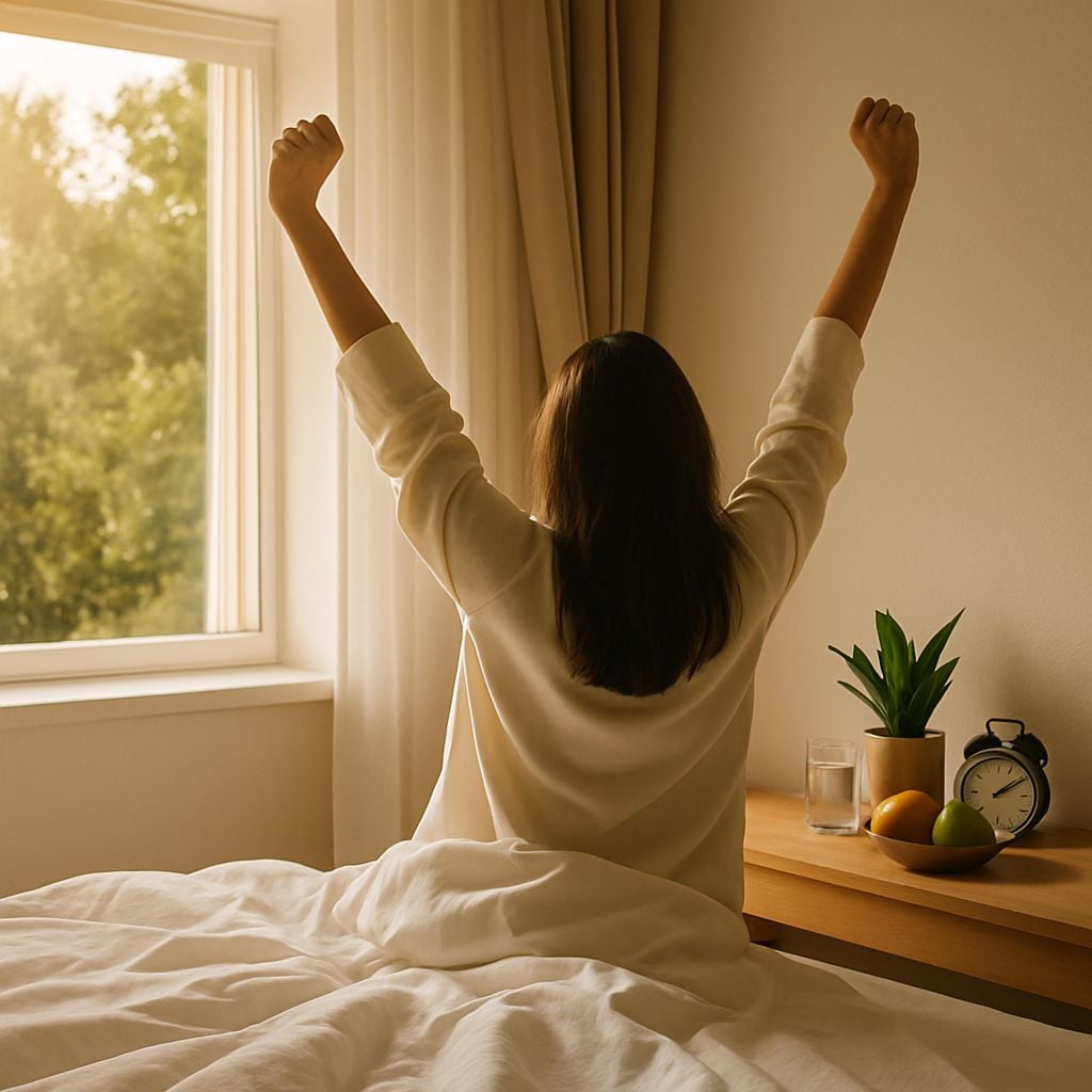 A woman sits on a bed, stretching her arms upward toward the morning sunlight coming through a window. A bedside table holds a clock, a plant, a glass of water, and some fruit.