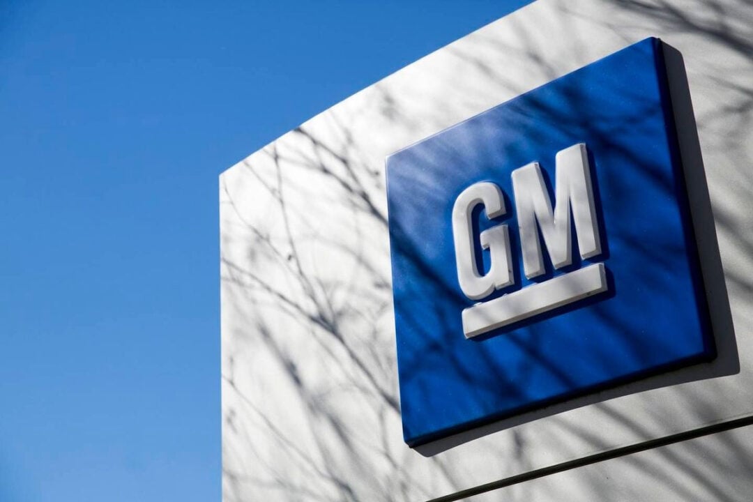 The image shows a blue General Motors (GM) logo sign mounted on a white wall, with tree branch shadows cast across the surface and a clear blue sky in the background.