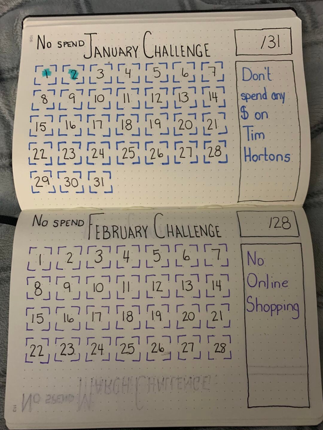 Two journal pages track "No Spend" challenges: January for not spending at Tim Hortons (31 squares, 2 marked green), February for no online shopping (28 squares). Both months use grid layouts to mark daily progress.