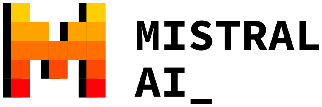 A stylized letter "M" in yellow, orange, and red blocks appears to the left of the bold black text "MISTRAL AI_" on a light gray background.