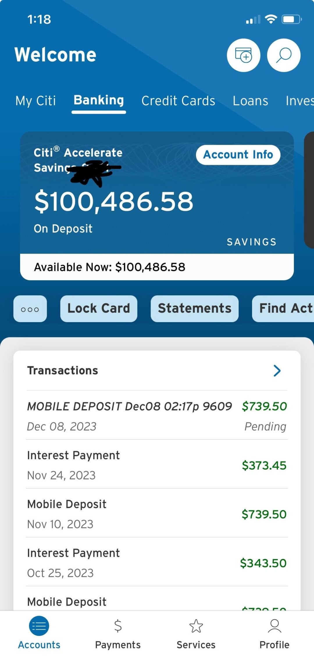 A mobile banking app screen shows a Citi Accelerate Savings account with a balance of $100,486.58. Below are recent transactions, including mobile deposits and interest payments. Navigation tabs are at the bottom.