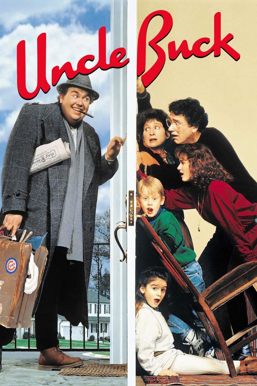 A man holding luggage and a newspaper stands at an open door smiling, while four surprised children and a woman react inside. The red text "Uncle Buck" is above them.