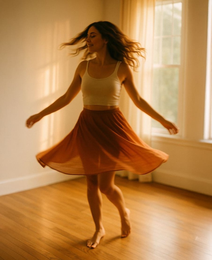 A barefoot woman in a beige tank top and rust-colored skirt twirls joyfully in a sunlit room with wooden floors and large windows, her hair and skirt moving with her spin.