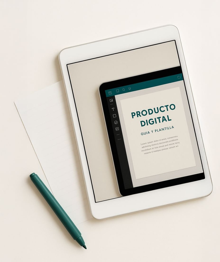 A tablet displaying “PRODUCTO DIGITAL GUIA Y PLANTILLA” rests on top of a larger tablet, with a lined sheet of paper and a green pen beside them on a light surface.