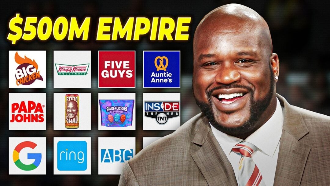 A smiling man in a suit stands next to logos of various businesses, including Big Chicken, Krispy Kreme, Five Guys, Auntie Anne's, Papa John's, and others. Text above reads "$500M EMPIRE.