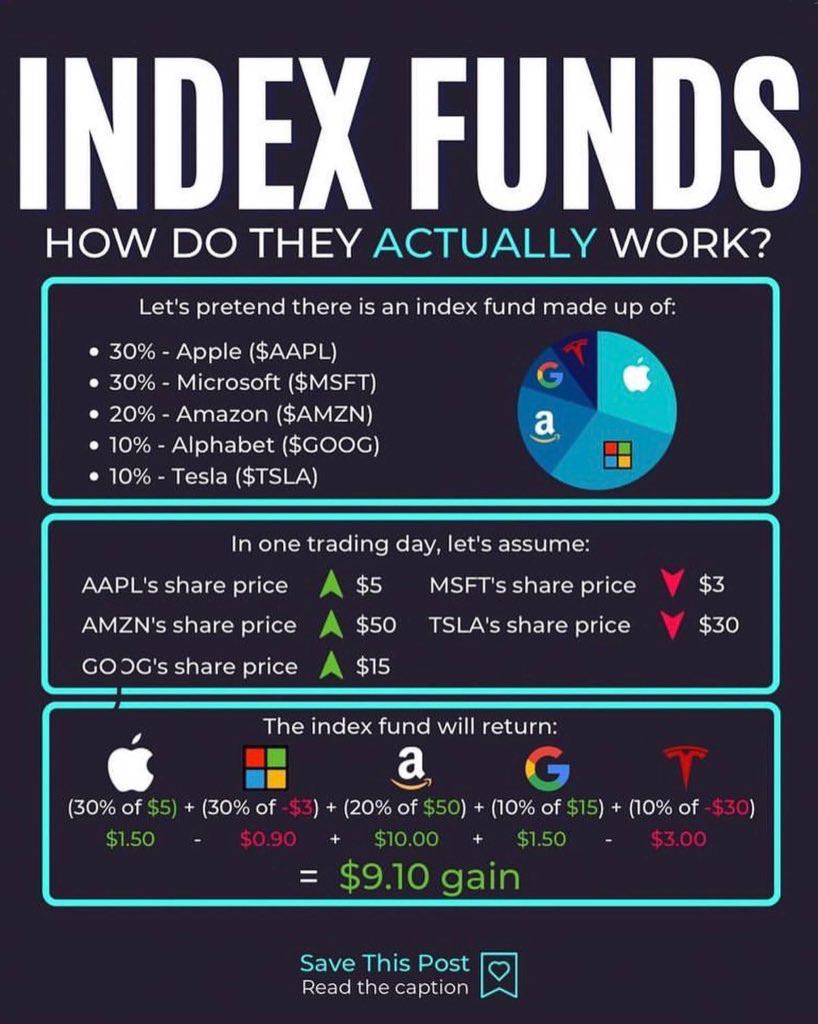 Infographic explaining index funds with logos and price examples for Apple, Microsoft, Amazon, Alphabet, and Tesla; includes calculations showing a $9.10 gain based on changes in their share prices.