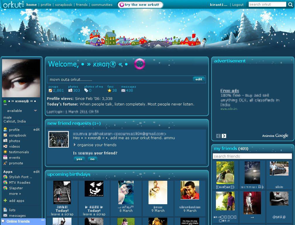 A screenshot of an old Orkut social media profile page with a blue theme, snow-covered houses in the header, and various sections showing profile details, friend requests, friends list, and upcoming birthdays.