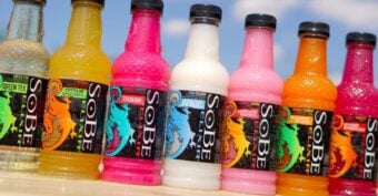 Seven colorful SoBe drink bottles are lined up outdoors against a blue sky. Each bottle features a black label with a vibrant lizard graphic and different flavors and colors, including yellow, pink, blue, orange, and green.