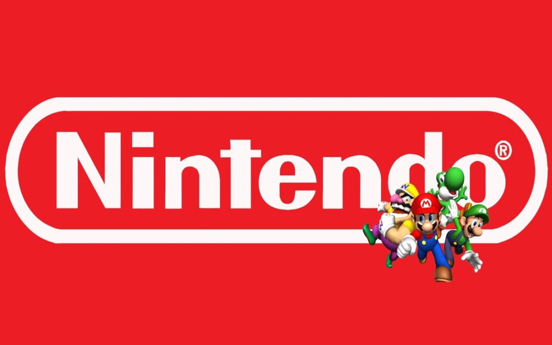 The Nintendo logo in bold white letters on a red background, with Mario, Luigi, Wario, and Yoshi characters jumping in front of the logo's lower right corner.