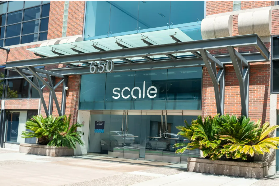 The entrance of a modern brick building with glass doors displays the address "650" and the word "scale" in large letters. Fern plants are on either side of the door, and a glass awning is overhead.