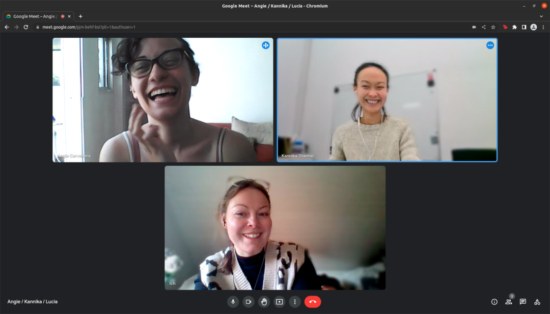 Screenshot of a video call with three women smiling and laughing, each in a separate window, against different backgrounds. Video controls are visible at the bottom of the screen.