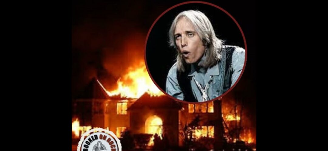 A large house is engulfed in flames at night. In the upper right corner, there is a circular inset of a man with long, light hair singing or speaking passionately. A logo reading "Hooked on Rock" appears in the bottom left.