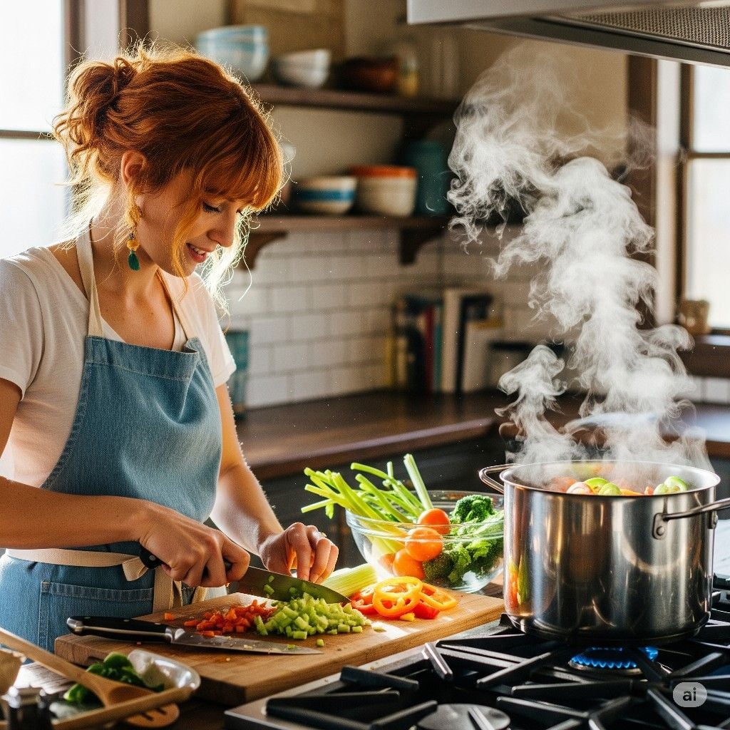 A woman with red hair, wearing a blue apron, chops vegetables in a bright kitchen. Fresh produce and a steaming pot are on the counter, with sunlight streaming through a window in the background.