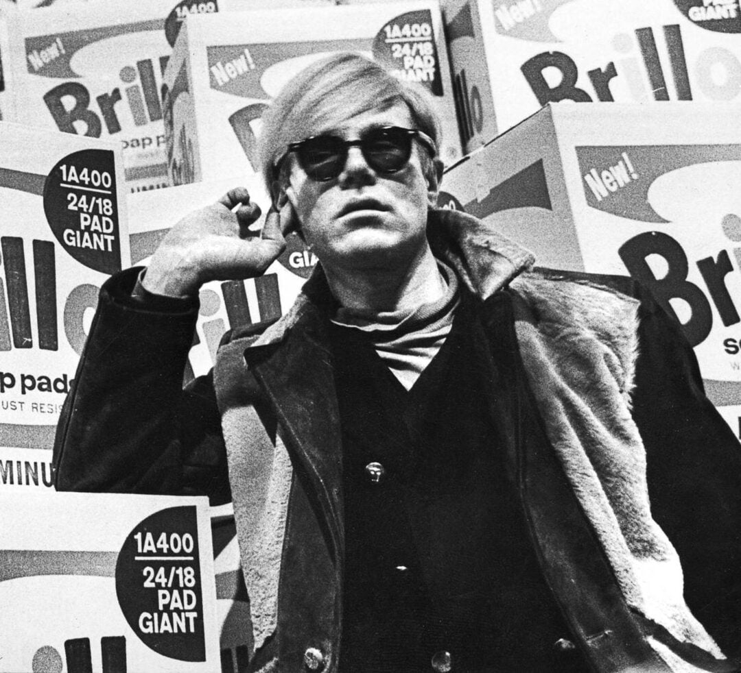A man wearing sunglasses and a dark coat poses in front of stacked boxes labeled “Brillo” in bold letters. The background is filled with these branded boxes, creating a graphic, pop-art style scene.