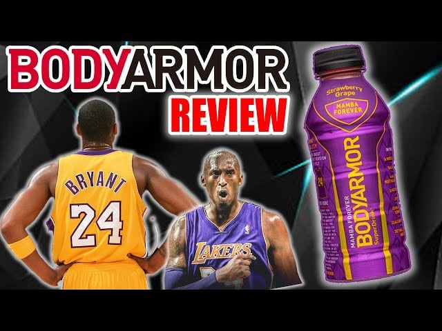 BodyArmor review image featuring two pictures of basketball player Kobe Bryant in Lakers jerseys, a BodyArmor drink bottle, and bold text that reads "BODYARMOR REVIEW.