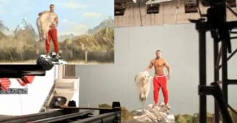 A shirtless man in red pants stands on rocks holding a white animal pelt. The main image shows him on a studio set, while an inset shows the same scene with a mountain landscape background added.