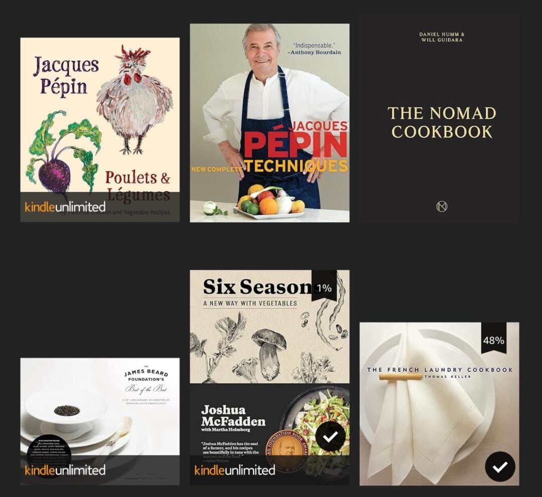 A display of six cookbook covers, including "Poulets & Légumes" and "Techniques" by Jacques Pépin, "The Nomad Cookbook," "Six Seasons," a James Beard recipe book, and "The French Laundry Cookbook.