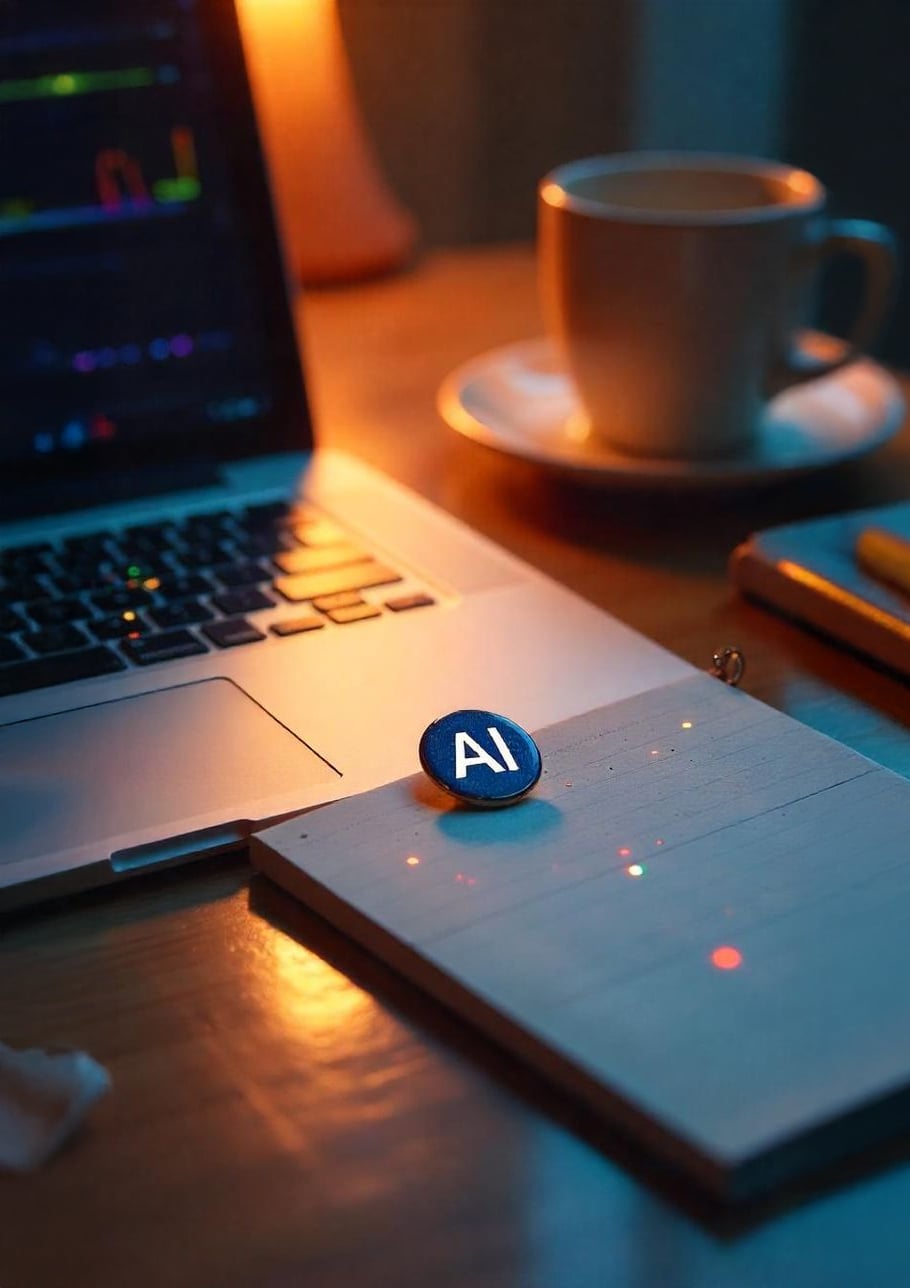 A laptop, a notebook with a round "AI" pin, a cup and saucer, and a pencil rest on a warmly lit wooden desk, creating a cozy workspace atmosphere.