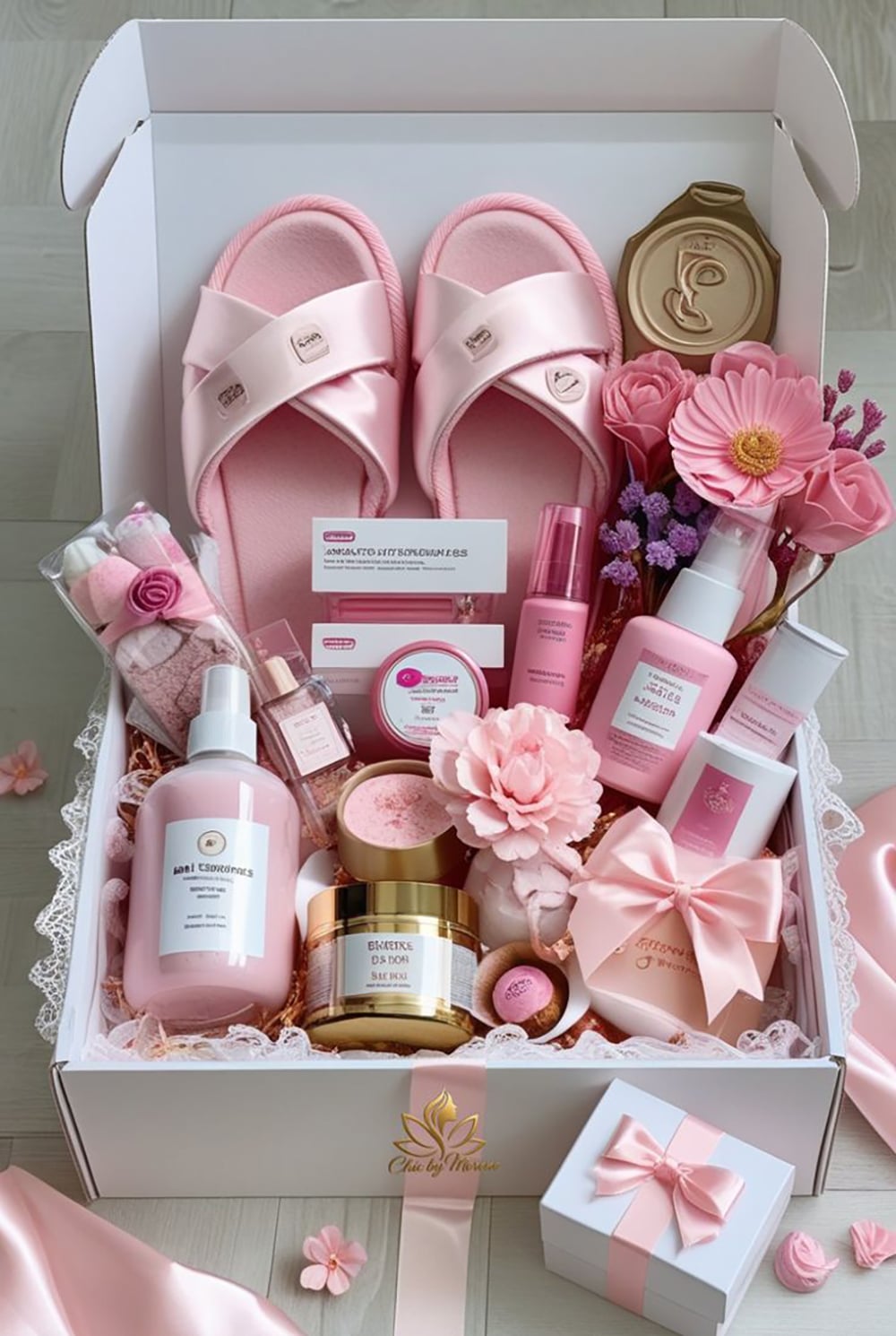 A gift box contains pink sandals, skincare products, flowers, a candle, a small wrapped gift, and other pink-themed self-care items, all arranged neatly with decorative touches and a lace border.