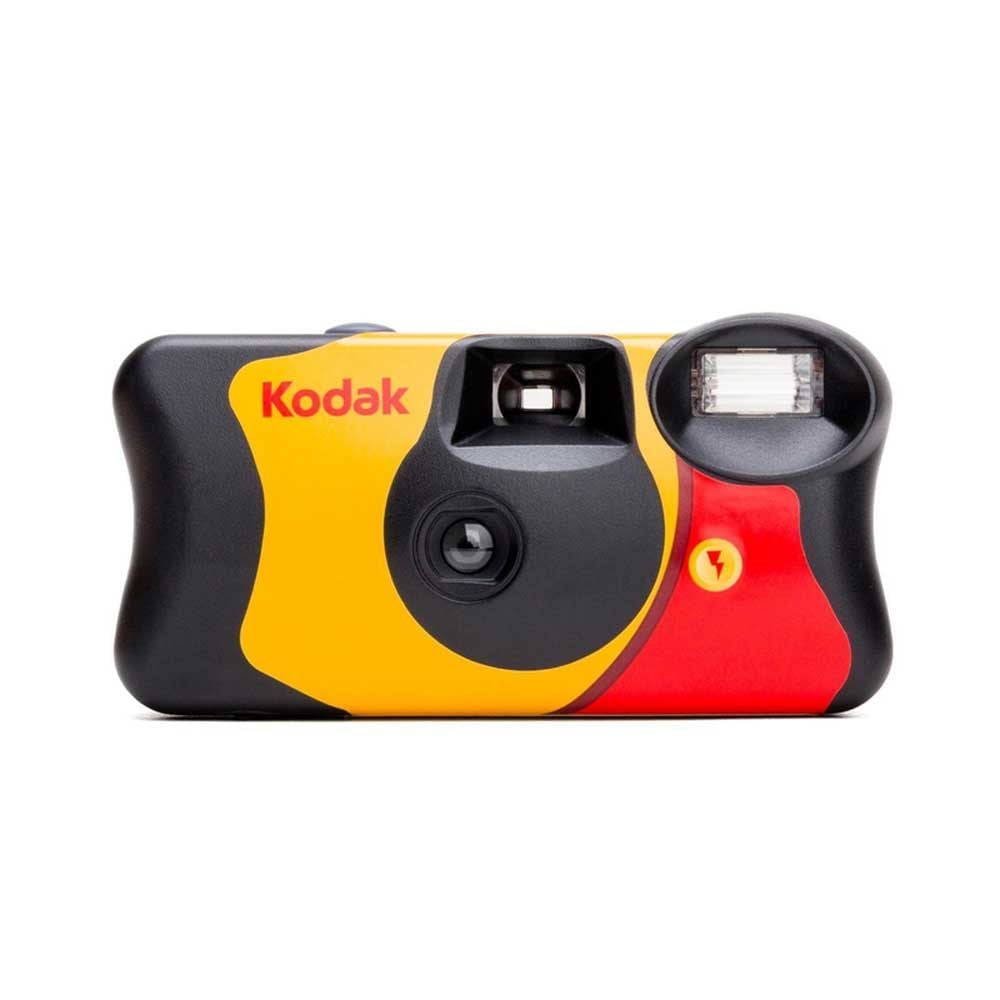 A Kodak disposable camera with a yellow, red, and black design, featuring a lens, flash, and viewfinder on the front.