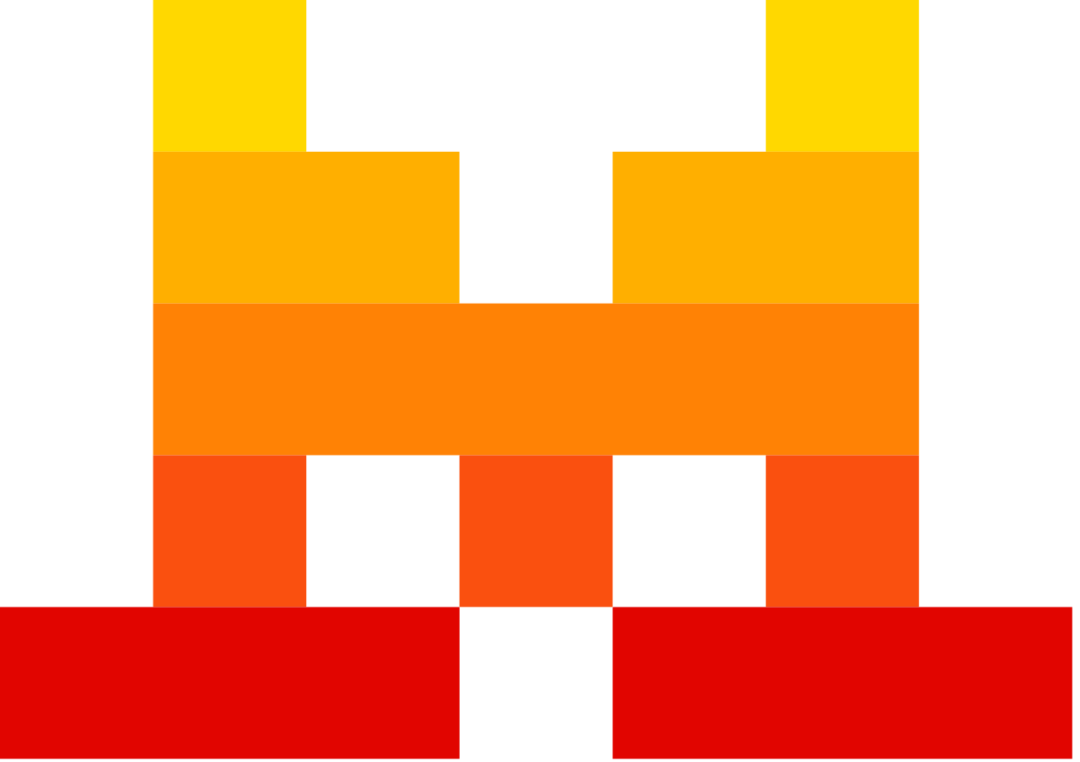 A pixelated, symmetrical design featuring stacked blocks in yellow, orange, and red shades, resembling a simplified abstract figure or shape on a white background.