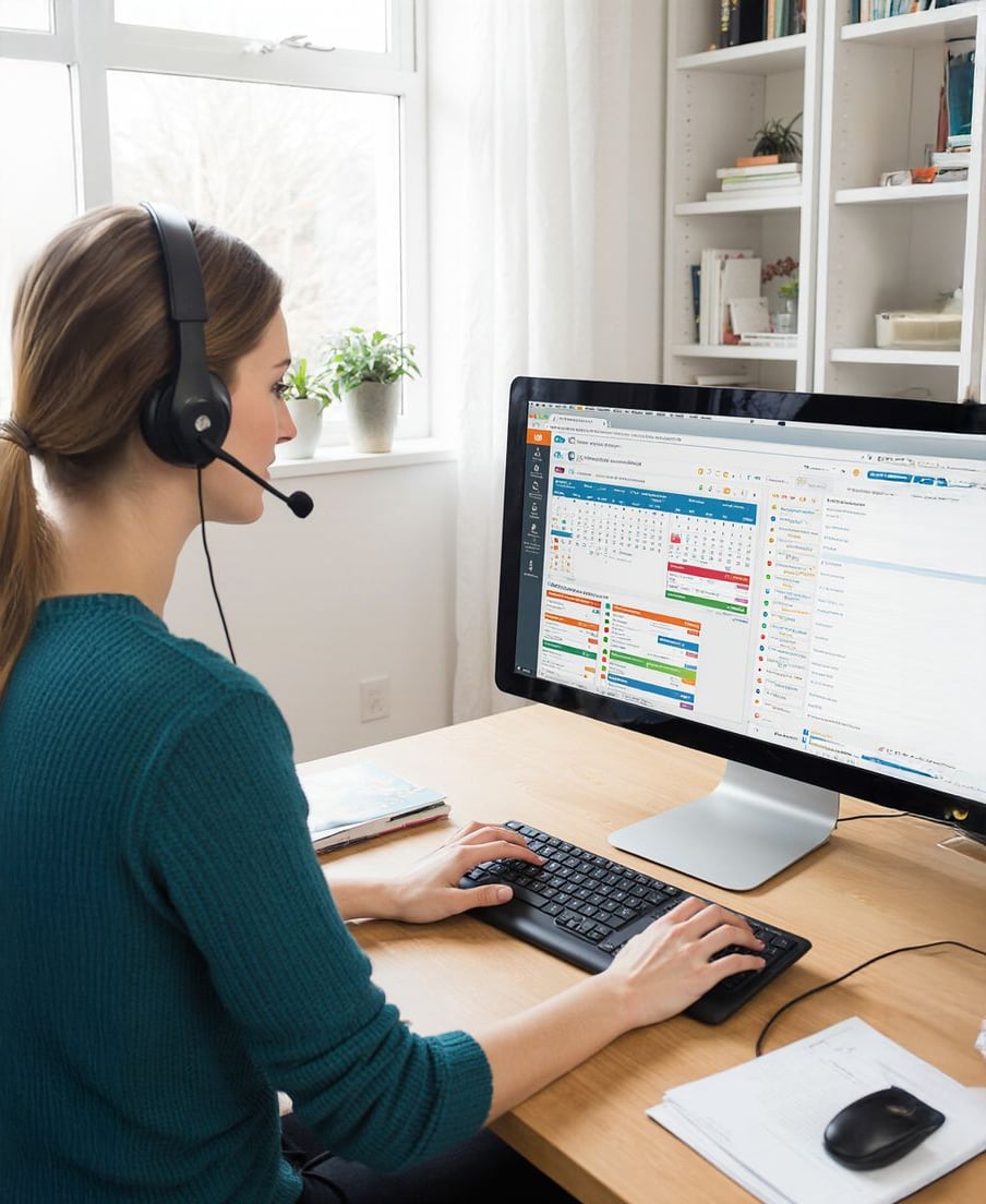 A woman wearing a headset sits at a desk, working on a computer with a large monitor displaying a colorful calendar and email interface. There are papers, a pen, and books on the desk, and shelves in the background.
