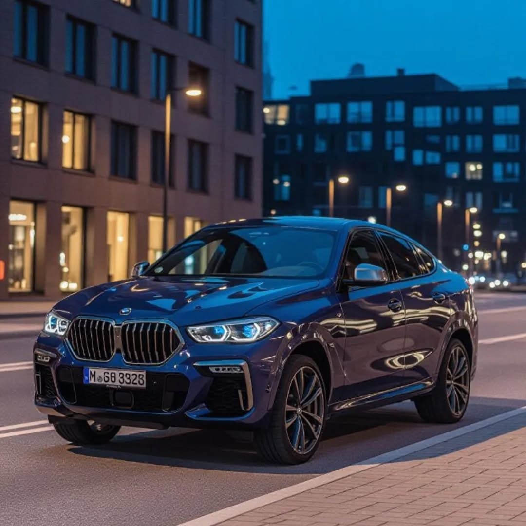 A dark blue BMW SUV is parked on a city street at dusk, with modern buildings and streetlights in the background. The car's headlights are on, and the street appears quiet.