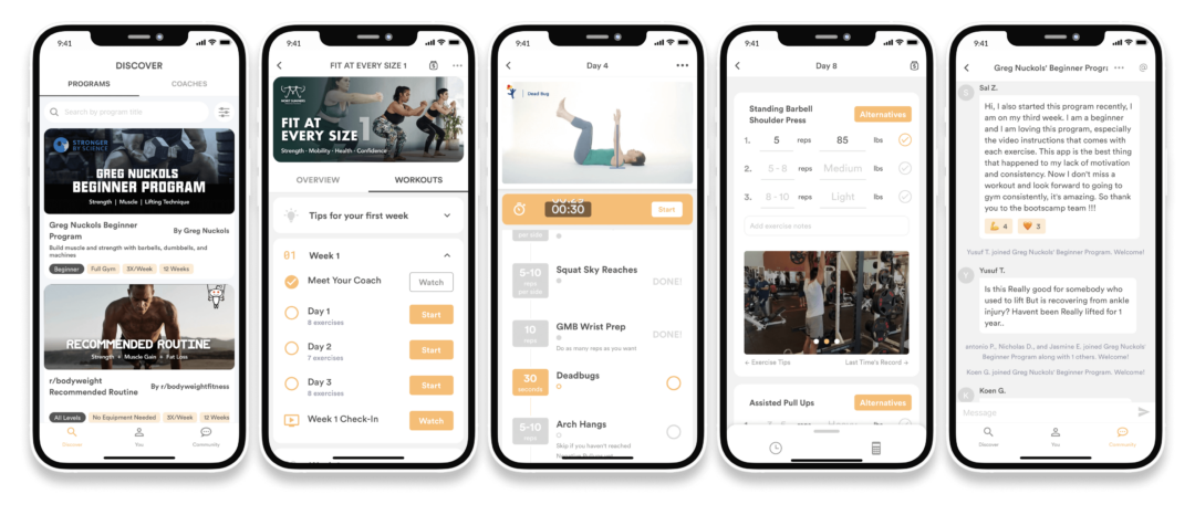 Five smartphones display different screens of a fitness app, showing workout programs, routines, exercise instructions, a timer, and workout logs, all with a clean, modern interface.