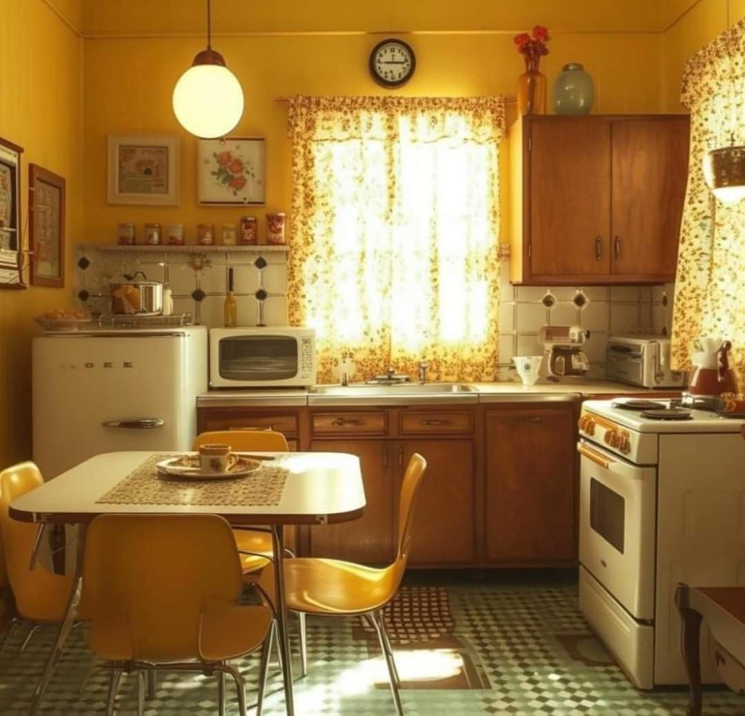 A cozy vintage kitchen with yellow walls, patterned curtains, retro appliances, a white fridge, wooden cabinets, a stove, and a table with yellow chairs under warm sunlight.