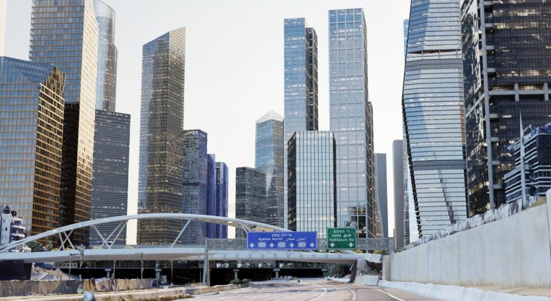A modern cityscape with tall, glass skyscrapers and an empty multi-lane road with blue highway signs in the foreground, bordered by concrete barriers.