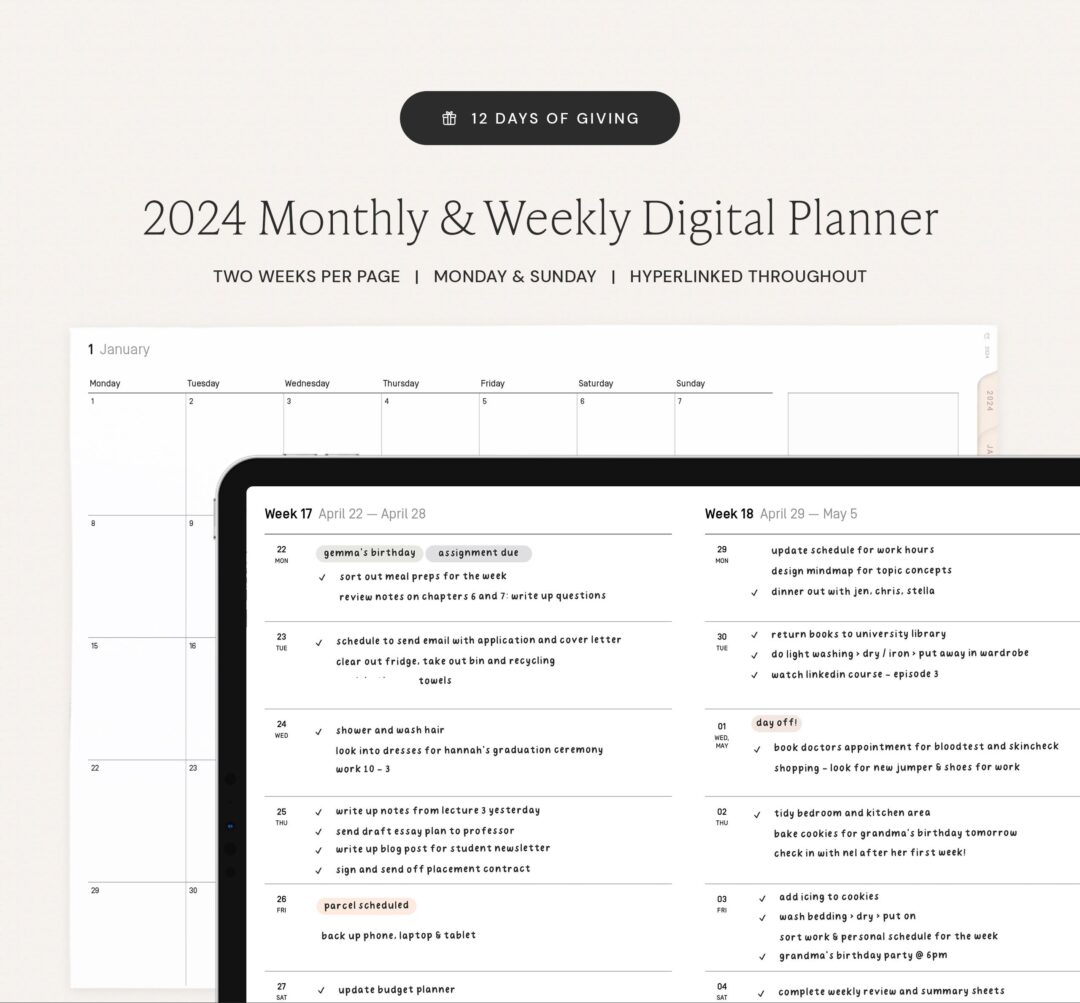 A 2024 digital planner display shows a monthly calendar in the background and a weekly planner page in the foreground, with lists of events, tasks, and notes organized by day. Text promotes features like hyperlinks and flexible views.