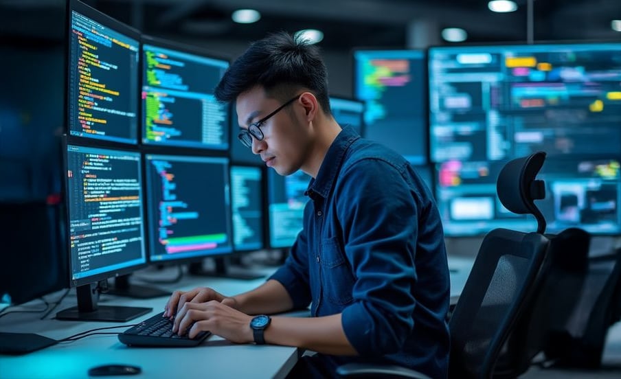 A young man wearing glasses types on a keyboard at a desk surrounded by multiple large monitors displaying colorful lines of code and digital data in a dimly lit, modern office.
