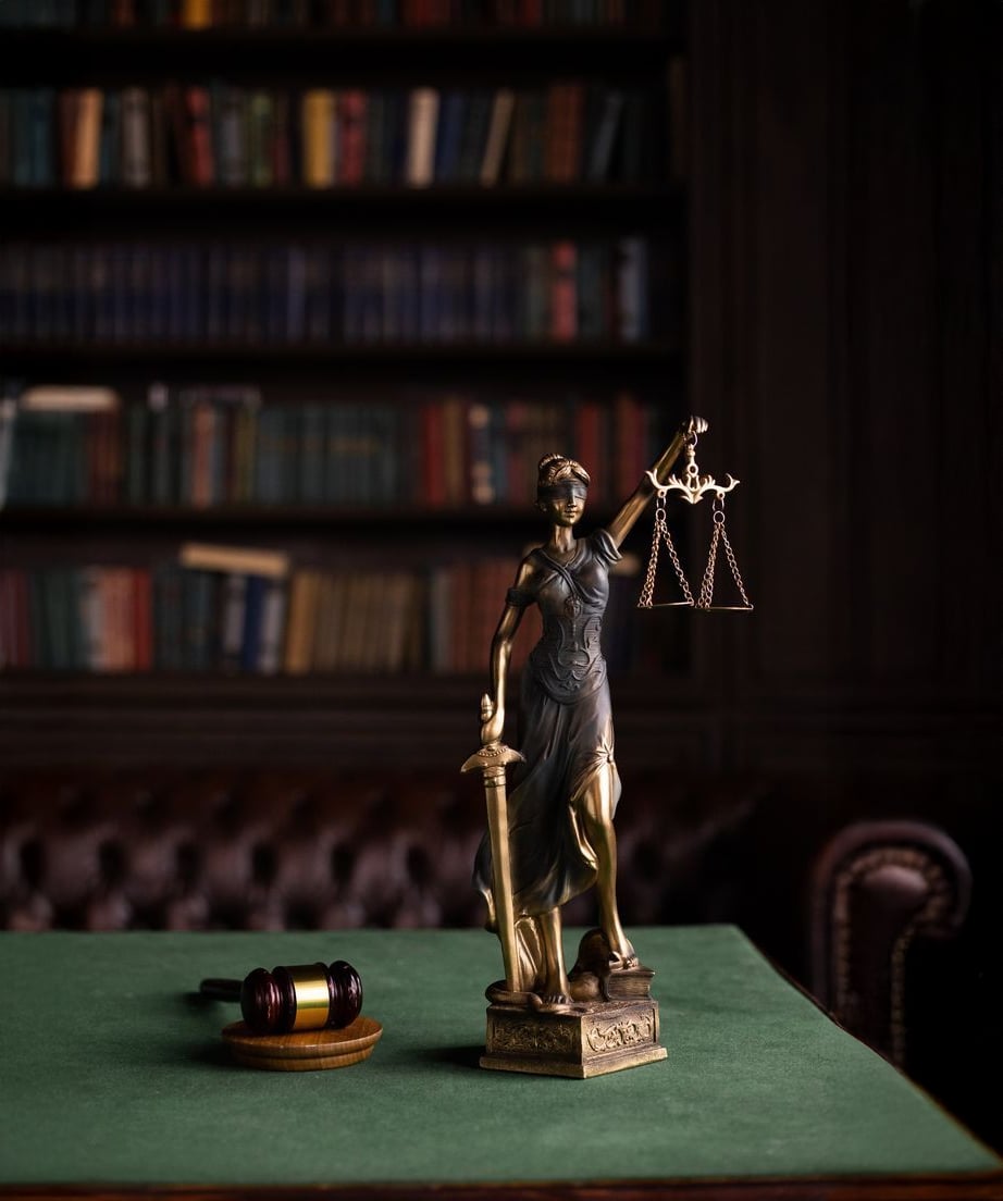 A bronze Lady Justice statue holding scales stands on a green table next to a judge’s gavel, with leather chairs and bookshelves filled with books in the background.