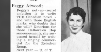 A black-and-white yearbook photo of a young woman identified as Peggy Atwood. Next to her photo is a short description praising her writing skills and humor, mentioning her ambitions and creative announcements.