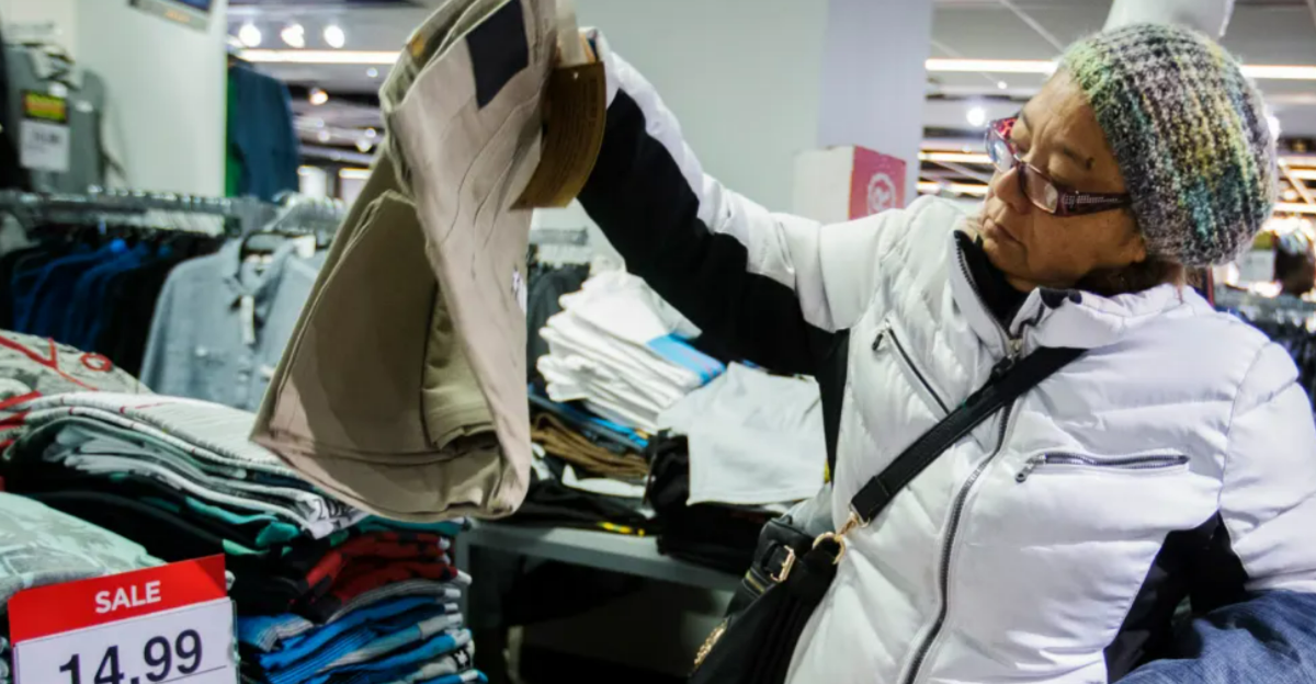 A woman wearing glasses, a knit hat, and a white winter coat inspects a pair of beige pants in a clothing store. A sale sign shows a price of $14.99 near folded clothes on a table.
