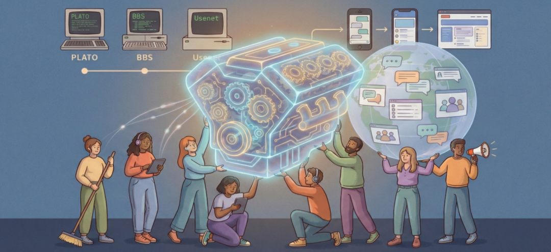A diverse group of people interact with a glowing cube filled with gears, symbolizing technology. Behind them are icons showing the evolution of online communication, from early networks to modern devices and social media.