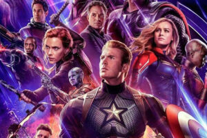 A group of Marvel superheroes, including Captain America, Iron Man, Black Widow, Thor, and Captain Marvel, stand together in dramatic poses against a cosmic background, ready for battle.