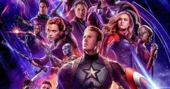 A group of Marvel superheroes, including Captain America, Iron Man, Black Widow, Thor, and Captain Marvel, stand together in dramatic poses against a cosmic background, ready for battle.