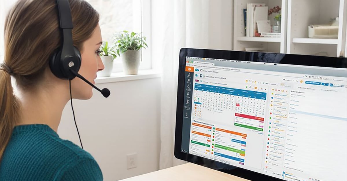 A woman wearing a headset sits at a desk and looks at a computer screen displaying a colorful calendar and scheduling software in a bright home office.