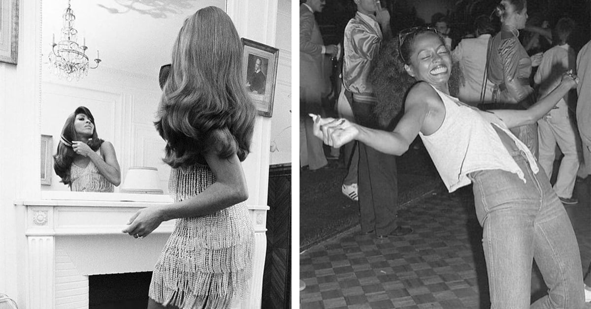 Left: Woman with long hair in a fringed dress looks at herself in a mirror. Right: Woman in a tank top and jeans dances energetically, smiling, in a crowded room. Both images are black and white.