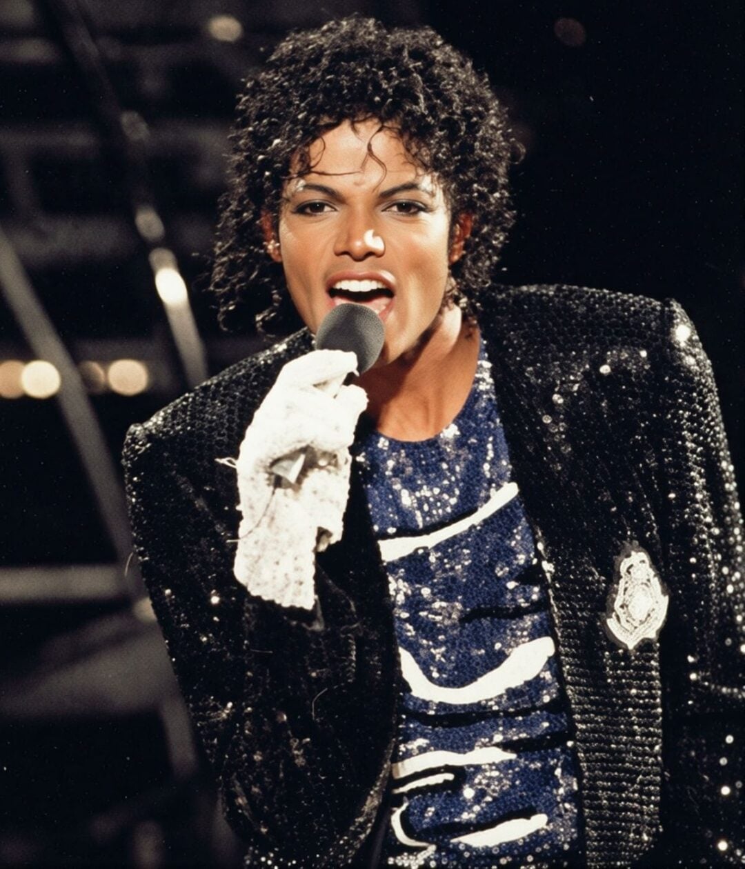 A performer with curly hair sings passionately into a microphone, wearing a sequined black jacket, a sparkly white glove, and a blue shirt with white patterns, on a dimly lit stage.