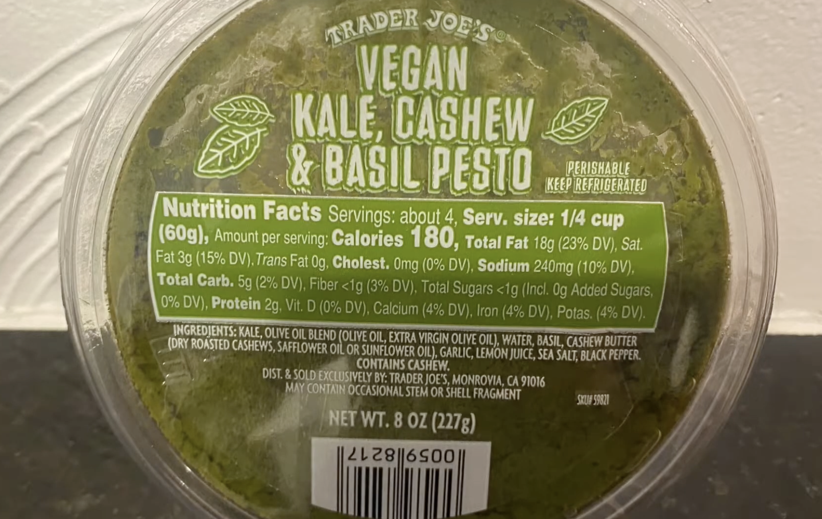 Trader Joe’s Vegan Kale, Cashew & Basil Pesto lid showing nutrition facts, ingredients, and net weight.