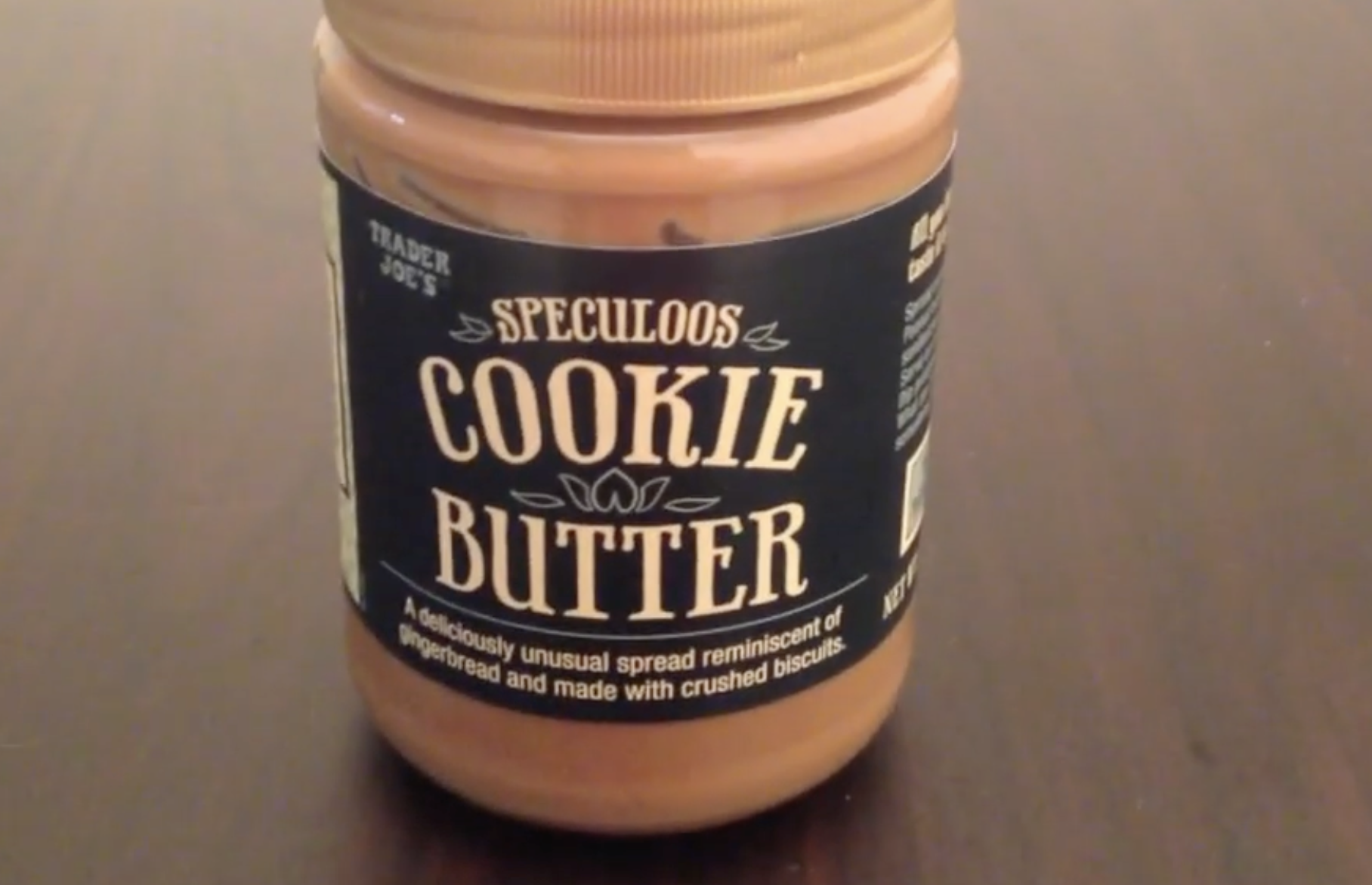 A jar of Trader Joe’s Speculoos Cookie Butter spread.